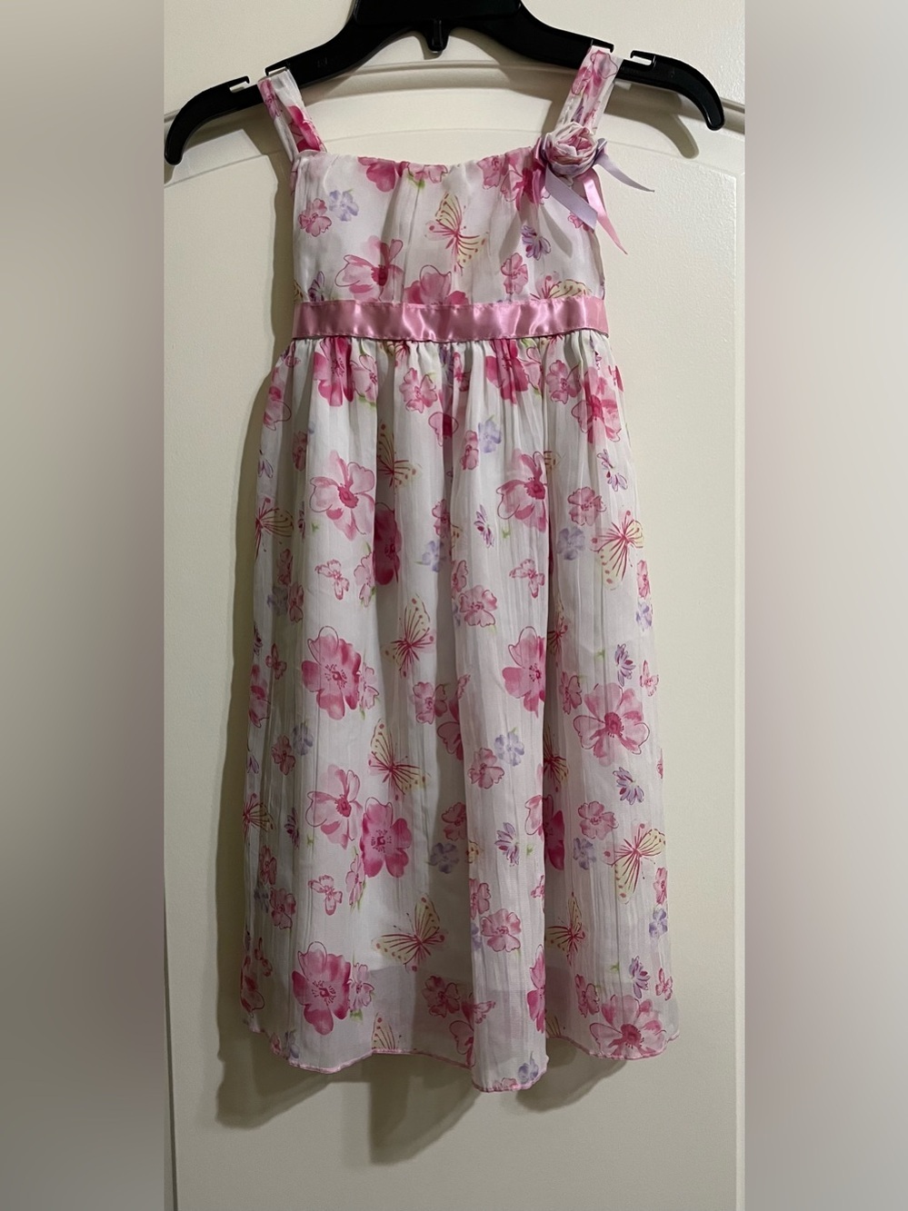 Youngland Girls Pink White Floral Sundress with Satin Waist Size 6